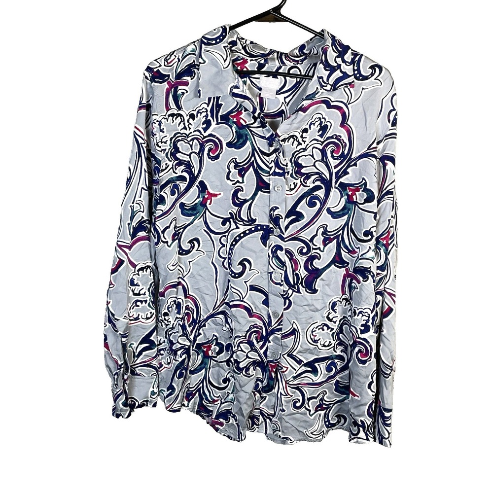 Chico's Top‎ 2 Large Button Up Shirt Long Sleeve Blue Paisley Floral 12 14 Modal